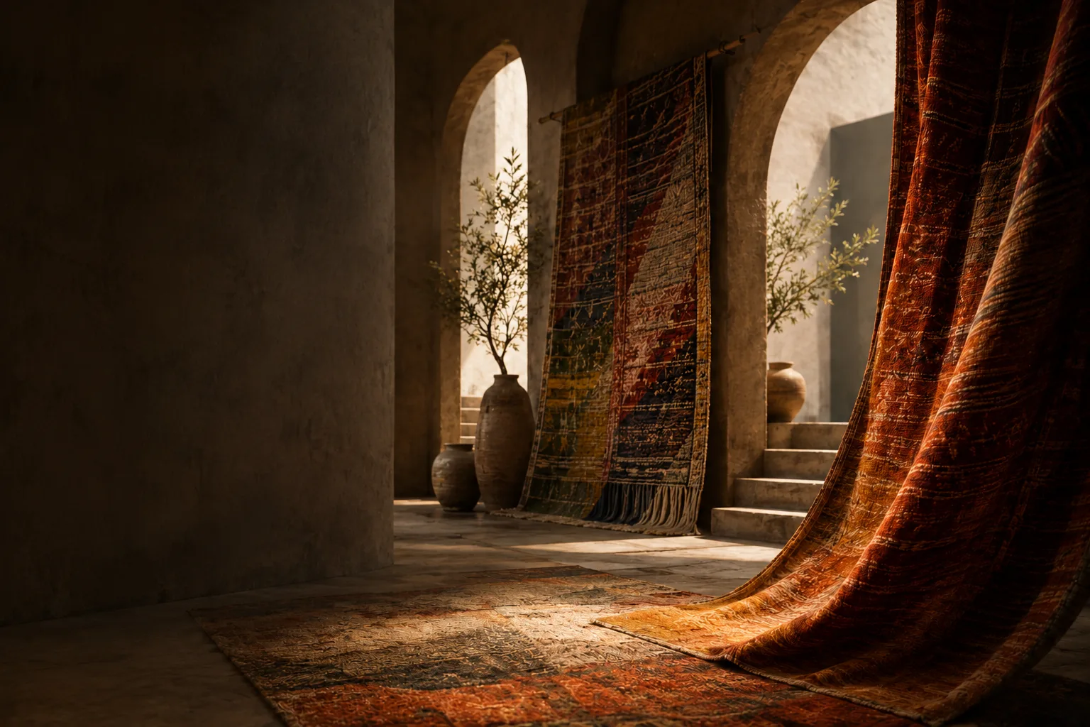 Handwoven rugs draped through a warm arched Mediterranean interior